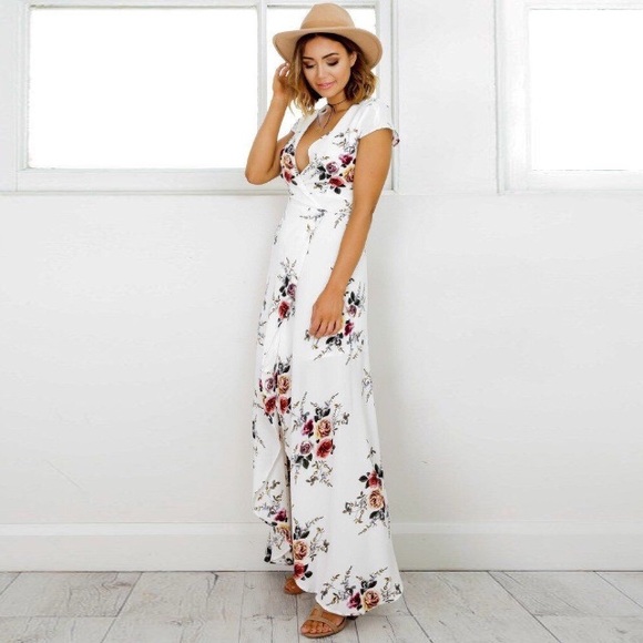 White Floral High Low Wrap Maxi Dress - Picture 3 of 8